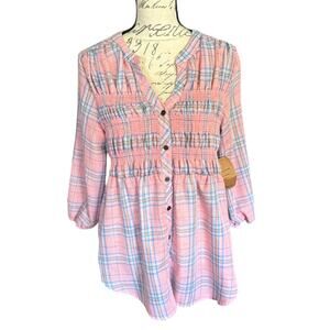 Eden & Olivia Lightweight Pink Plaid Babydoll Shirt Size Large